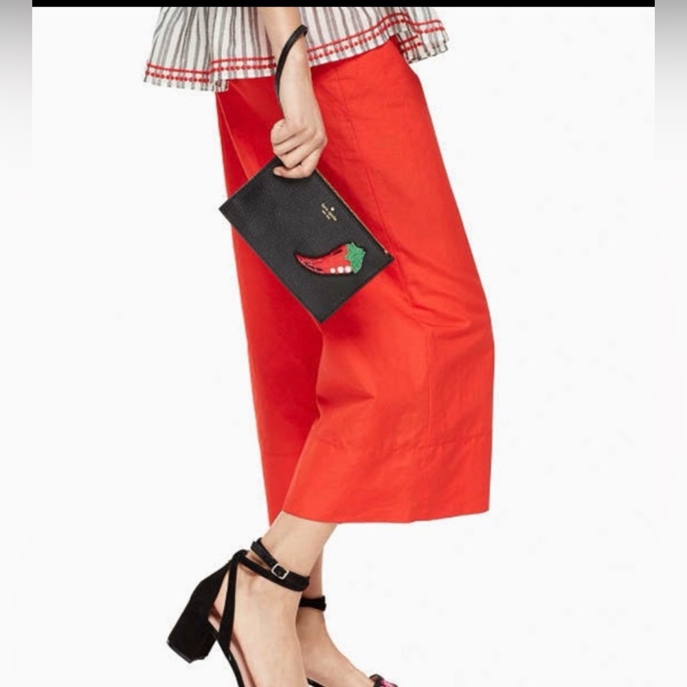 Kate Spade Leather Haute Black Wristlet with Red Pepper Accent
